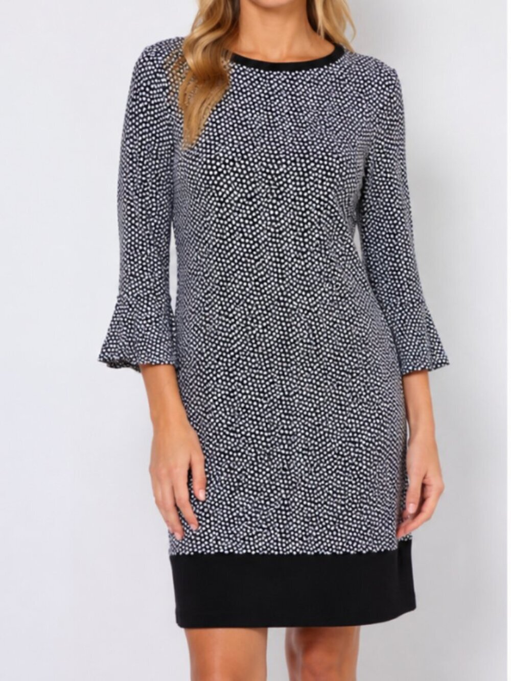 Michael Kors Black White Polyester Stretch 3/4 Sleeve Shift Dress Size M